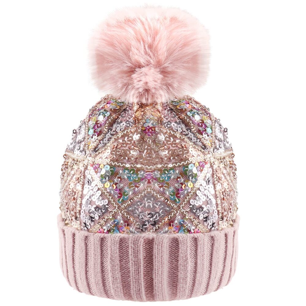 5400 Sequin Knitted Beanie Hat with Faux Fur Pom-Pom Shiny Bling Skull Cap